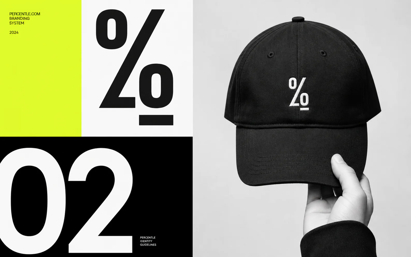 Percentle branding system with percentage symbol, identity guidelines, and an embroidered black cap